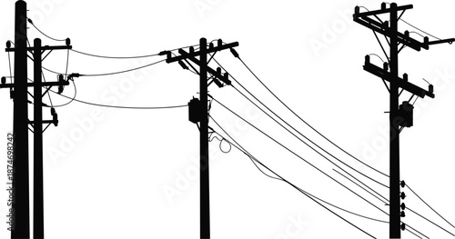 Electric power poles with multiple transmission wires silhouette, black and white vector illustration of urban electricity infrastructure connection system design