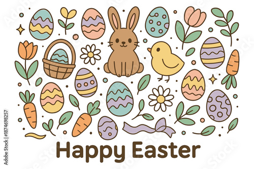 Colorful easter bunny and chick with decorated eggs and flowers