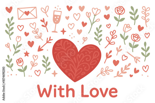 Romantic heart and floral design with love letter and champagne