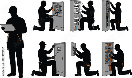 Electrician working illustration, electrical panel technician, safety engineer vector, maintenance worker artwork, power system repair, industrial electrician design, energy control graphic