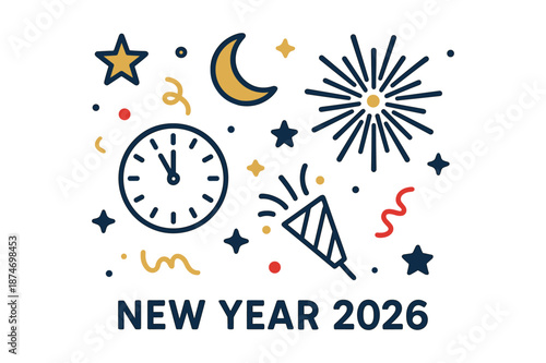 New year 2026 celebration with fireworks, clock, and party decor