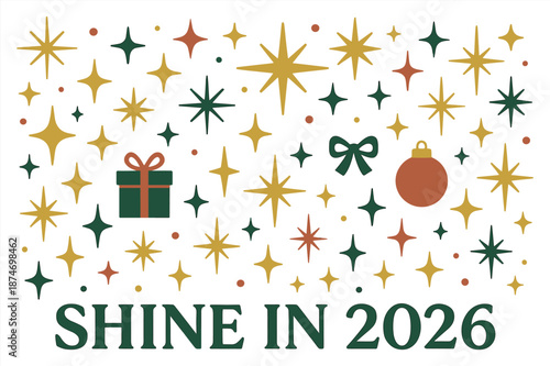 Festive holiday design with stars, gift box, bow, ornament for 2026 celebration