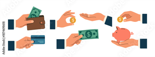 Hands exchanging money and coins with wallet, card, and piggy bank