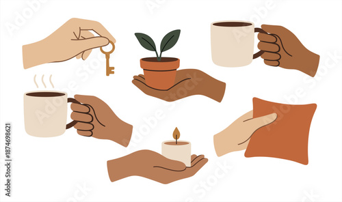 Diverse hands holding key, plant, coffee, candle, and pillow illustrations
