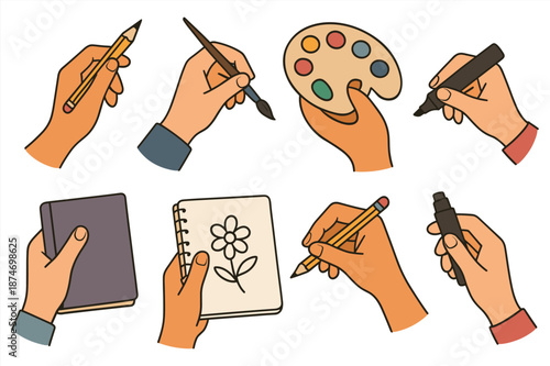 Illustrated hands engaged in art-related activities: writing, drawing, painting, coloring