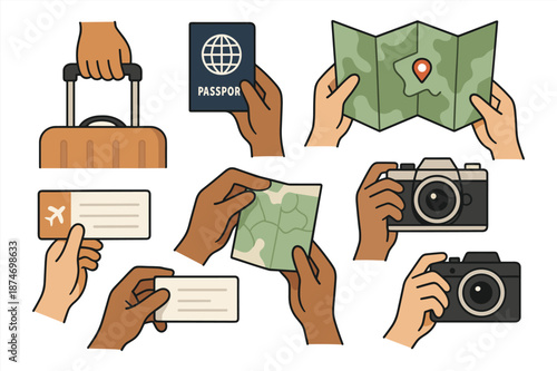 Travel essentials: maps, passports, tickets, and cameras in diverse hands