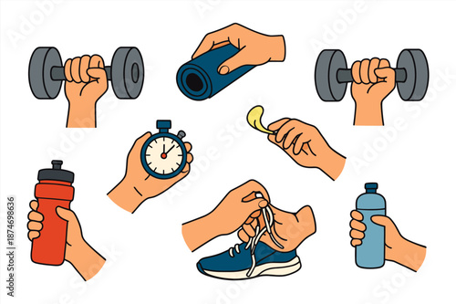 Fitness gear and activities: dumbbells, stopwatch, water bottle, and shoe