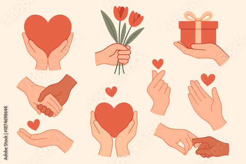 Expression of love: hands holding heart, flowers, gift, and gestures