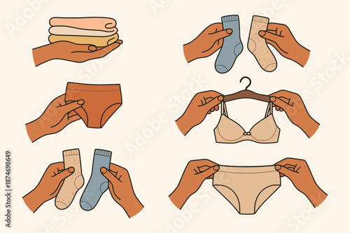 Diverse hands organizing folded clothes and accessories