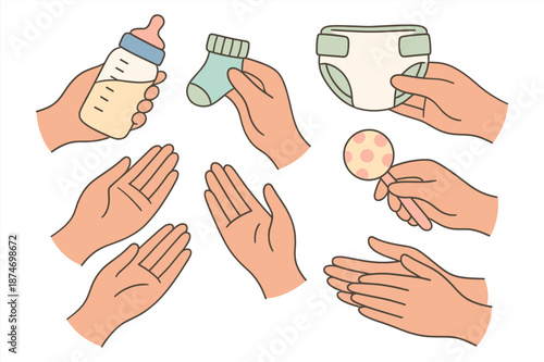 Cartoon hands holding baby items: bottle, sock, diaper, rattle