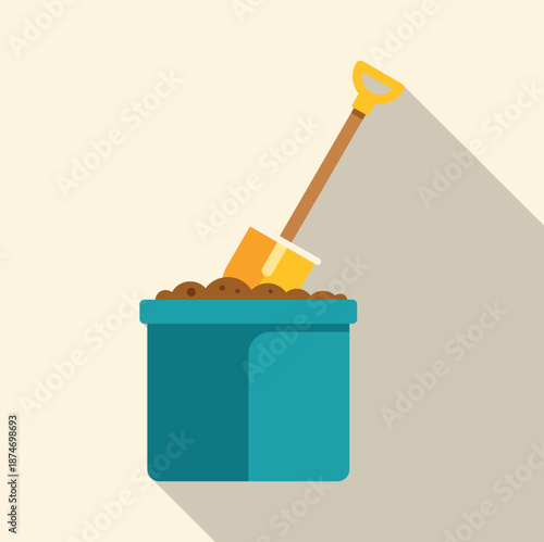 Toy shovel and bucket filled with sand with a long shadow in flat design