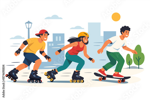Diverse young friends enjoy skateboarding and rollerblading outdoors