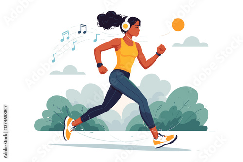 Hispanic female adult jogging with headphones in nature