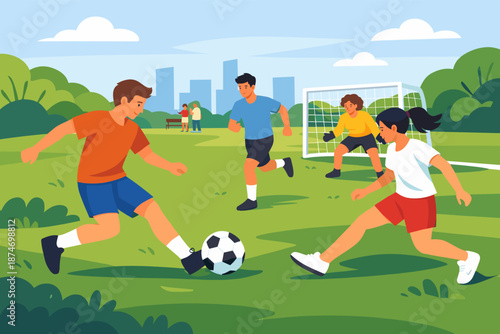 Young diverse adults playing soccer in park with city skyline in background