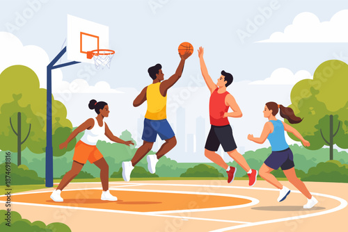 Diverse young adults playing energetic basketball game outdoors