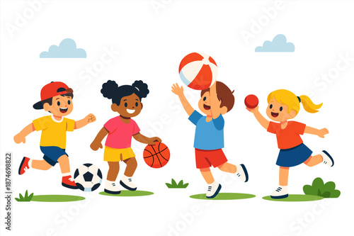 Diverse group of children playing with sports balls outdoors under clear sky