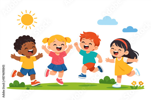 Joyful multiethnic children playing outdoors under the sun