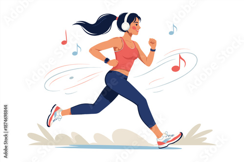 Young hispanic female jogging with headphones to music in activewear