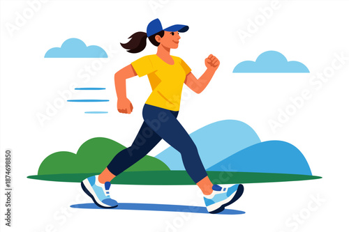 Young hispanic female walking in nature with mountains and clouds in background