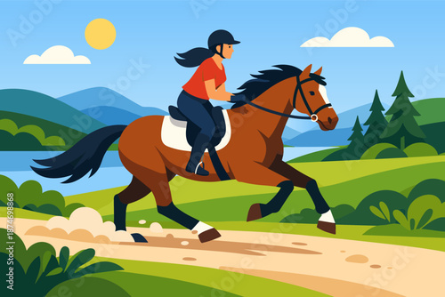 Female equestrian riding horse in scenic landscape