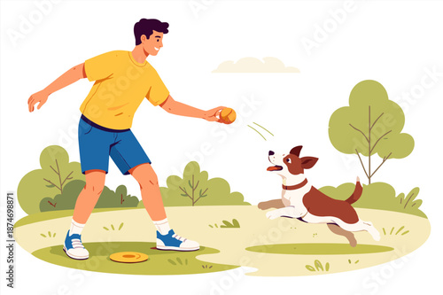 Young caucasian male playing fetch with dog in park