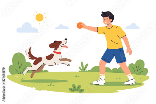 Young caucasian male playing fetch with dog in sunny park setting