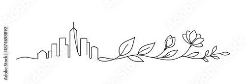 Black and white line art of skyline and flowers