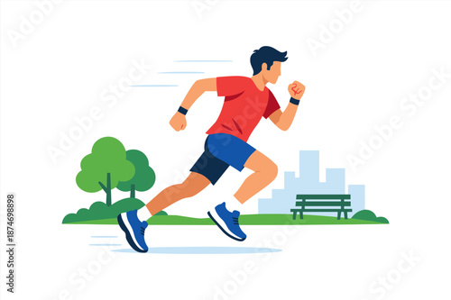 Young male running in park setting with city backdrop