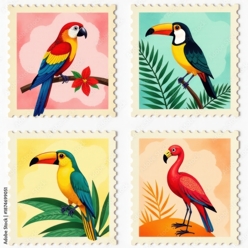 Fototapeta premium Tropical Birds Vintage Stamp Set: Parrots, Flamingos Illustration