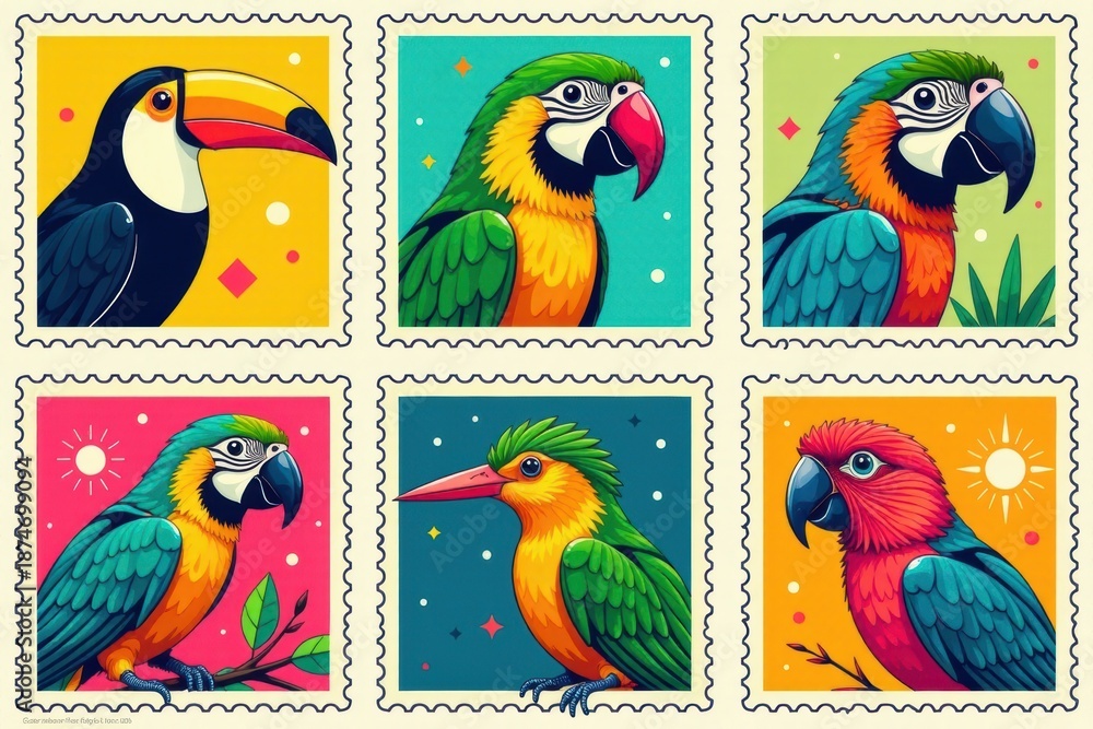 Fototapeta premium Tropical Birds Vintage Stamp Set: Parrots, Flamingos Illustration