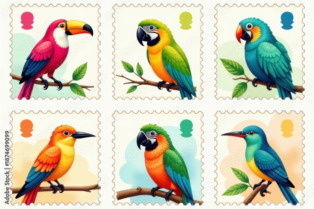 Fototapeta premium Tropical Birds Vintage Stamp Set: Parrots, Flamingos Illustration