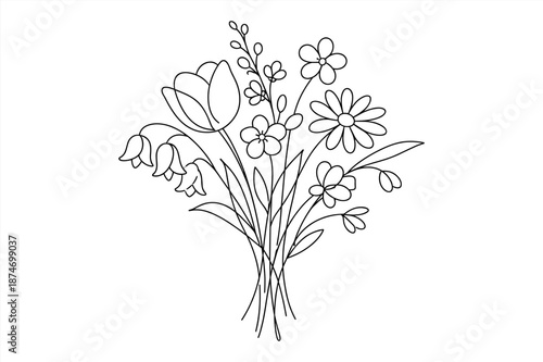 Floral bouquet line art: tulips, daisies, bell flowers and leaves