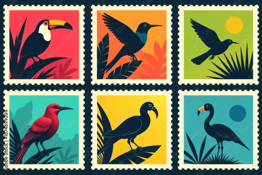 Fototapeta premium Tropical Birds Vintage Stamp Set: Parrots, Flamingos Illustration