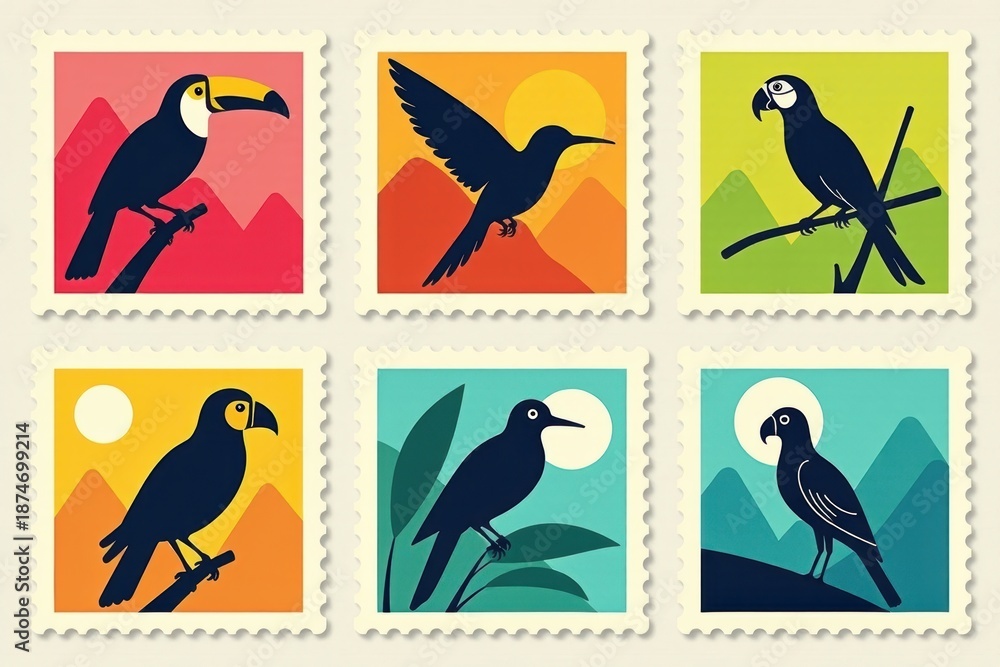 Fototapeta premium Tropical Birds Vintage Stamp Set: Parrots, Flamingos Illustration