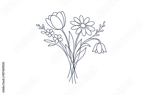 Floral bouquet line art with tulip, daisy, and bellflower on white background