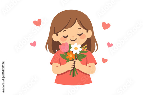 Asian female child holding flowers with hearts and smiling