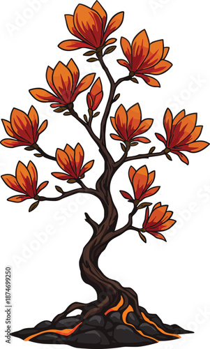 Fantasy lava tree illustration, glowing foliage artwork, surreal volcanic tree design, fiery nature drawing, creative molten landscape art, dramatic mystical tree flat vector