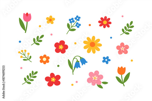 Colorful floral pattern with various flowers and leaves on white background