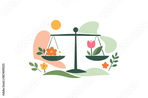 Nature-themed balance artwork featuring flowers and leaves