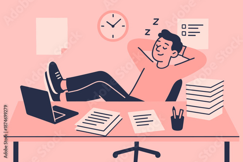 Young caucasian male relaxing at desk: time management and work-life balance illustrated