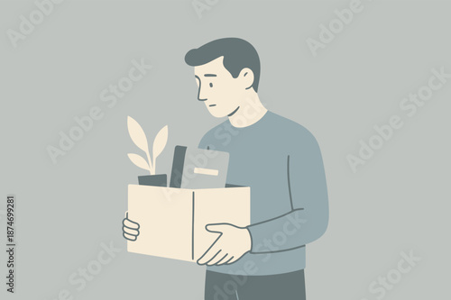 Male figure holding box of belongings with plant in minimalist illustration