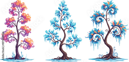 Fantasy magic tree illustration, colorful abstract design, mystical nature artwork, decorative fantasy plant, glowing crystal leaves, surreal enchanted landscape art