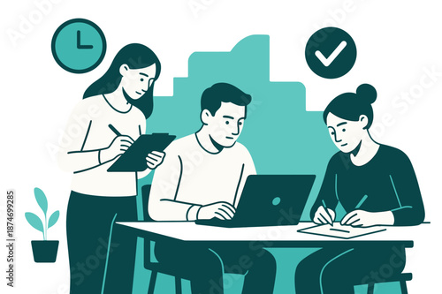 Young caucasian adults collaborating at work desk with laptop and notebooks