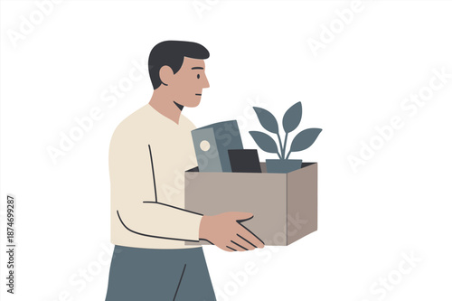 Young caucasian male carrying box with office supplies and plant illustration