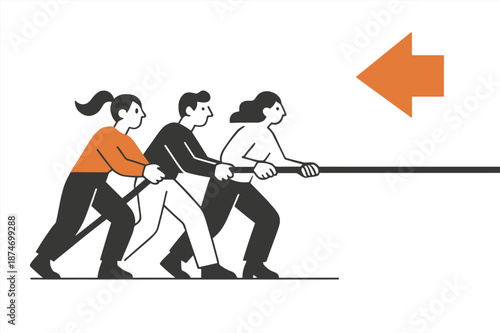 Teamwork concept illustration with three people pulling rope