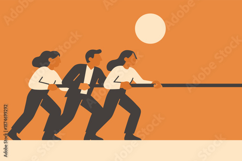 Team of young adults collaborating in tug of war under the sun