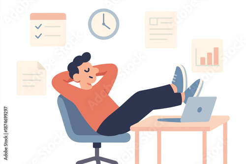 Relaxed caucasian male adult working remotely with laptop at home office