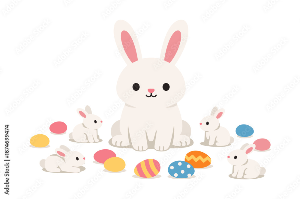Fototapeta premium Cute cartoon bunny with baby rabbits and colorful easter eggs