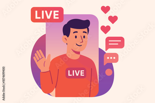 Male host in live streaming illustration with heart and chat icons