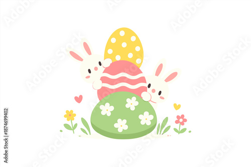 Cute cartoon bunnies hiding behind easter eggs with floral decoration